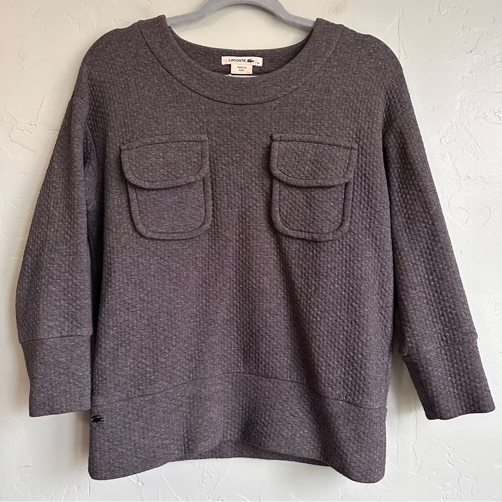 Lacoste Women’s Gray Quilted Crew Neck Pullover Sweatshirt Top Size 38 Small EUC